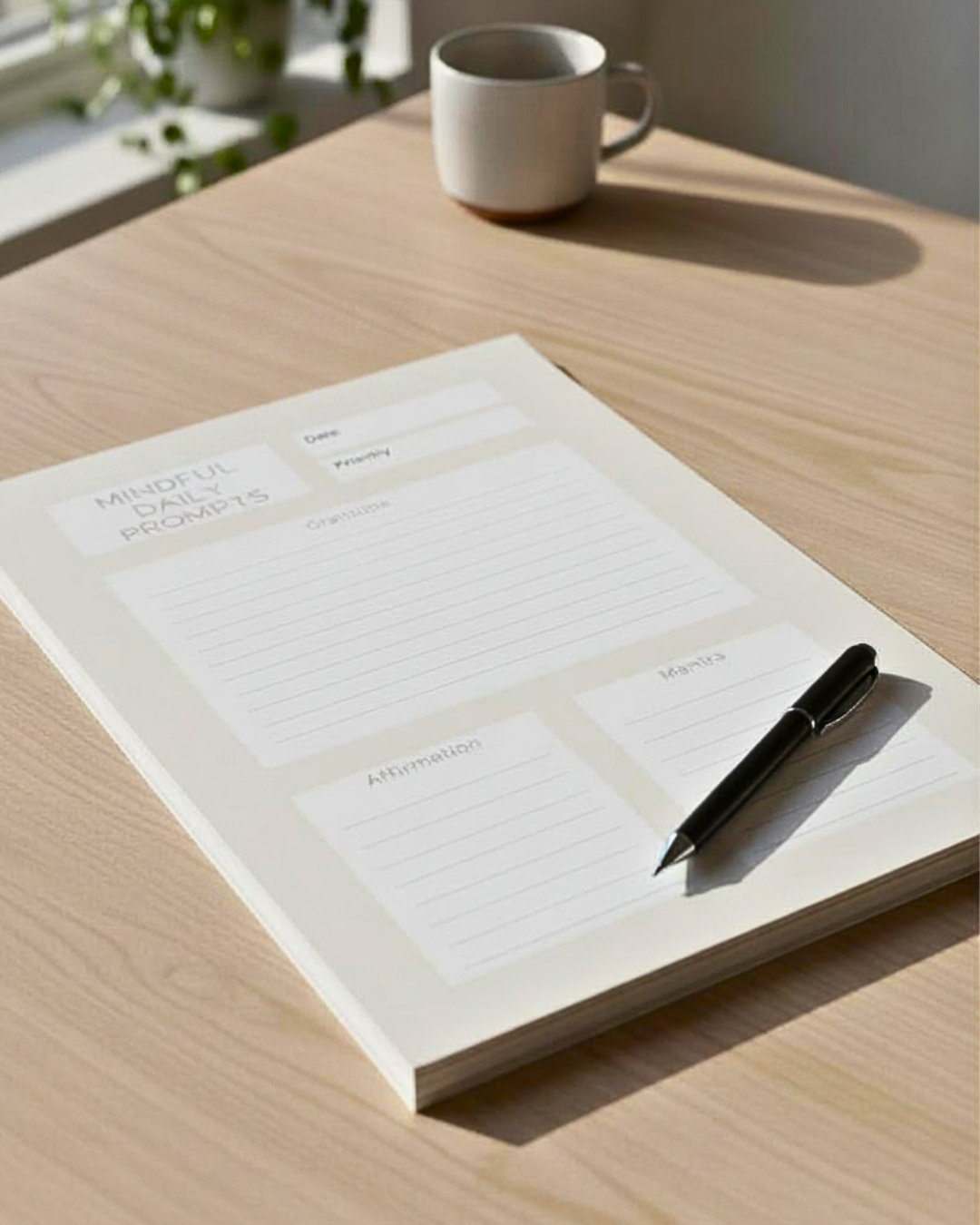 Notebook with pen on a wooden table next to a mug